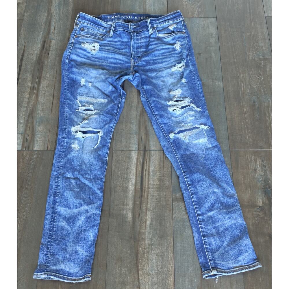 American Eagle Men’s 33x32 Distressed Ripped Slim Jeans Y2K Grunge Denim Pants